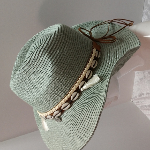 Unisex Woven Western Straw Beach Sun Hat Cowrie Cowry Shells Tassels Sage Green - Picture 2 of 15